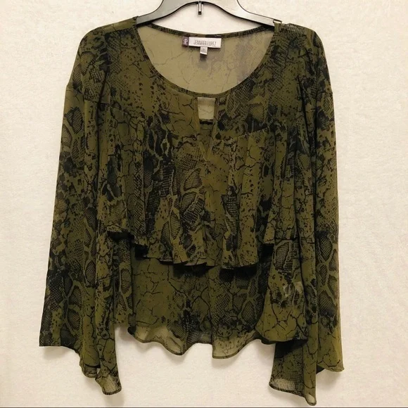 Jennifer Lopez Olive Green Snakeskin Ruffle Bell Long Sleeve Blouse Size XS - Picture 3 of 11